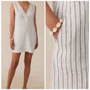 Faherty Azure Dress Women XS Blue Cream Stripe Coastal V-Neck Mini Pockets NEW